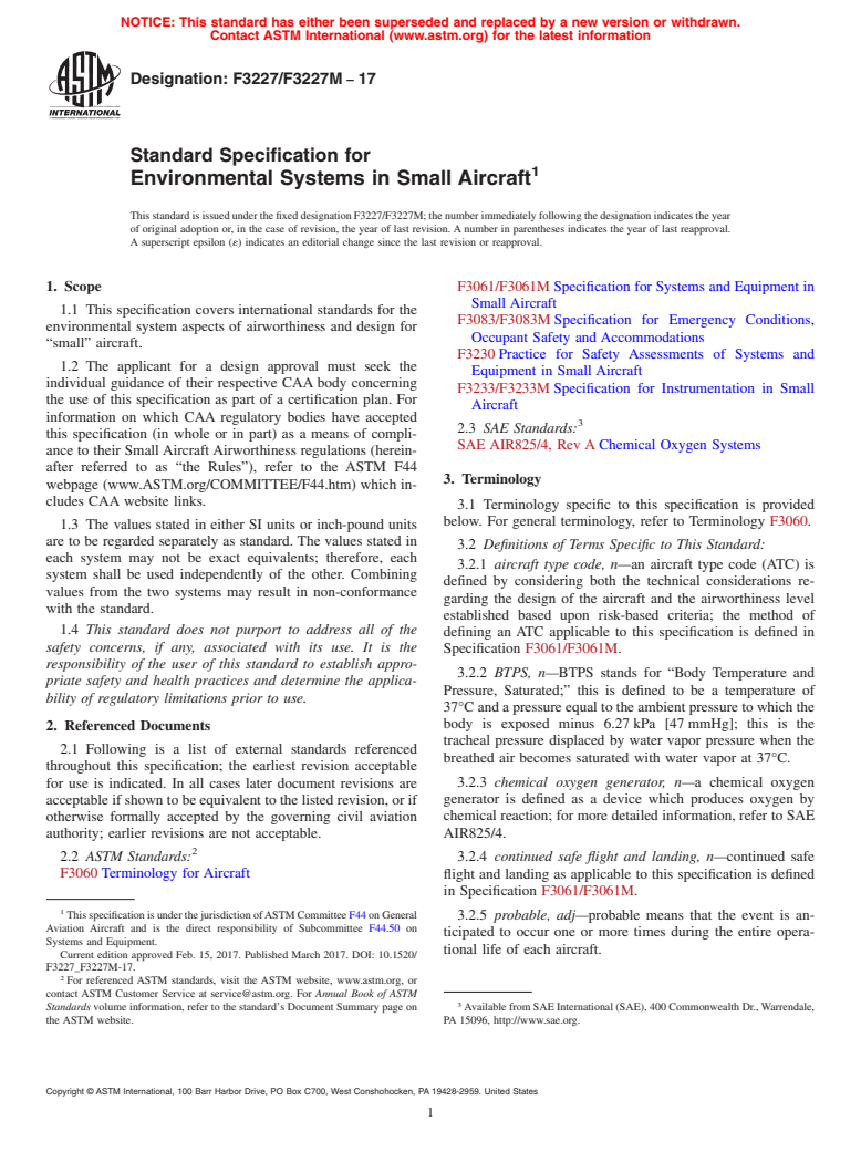 ASTM F3227/F3227M-17 - Standard Specification for Environmental Systems in Small Aircraft