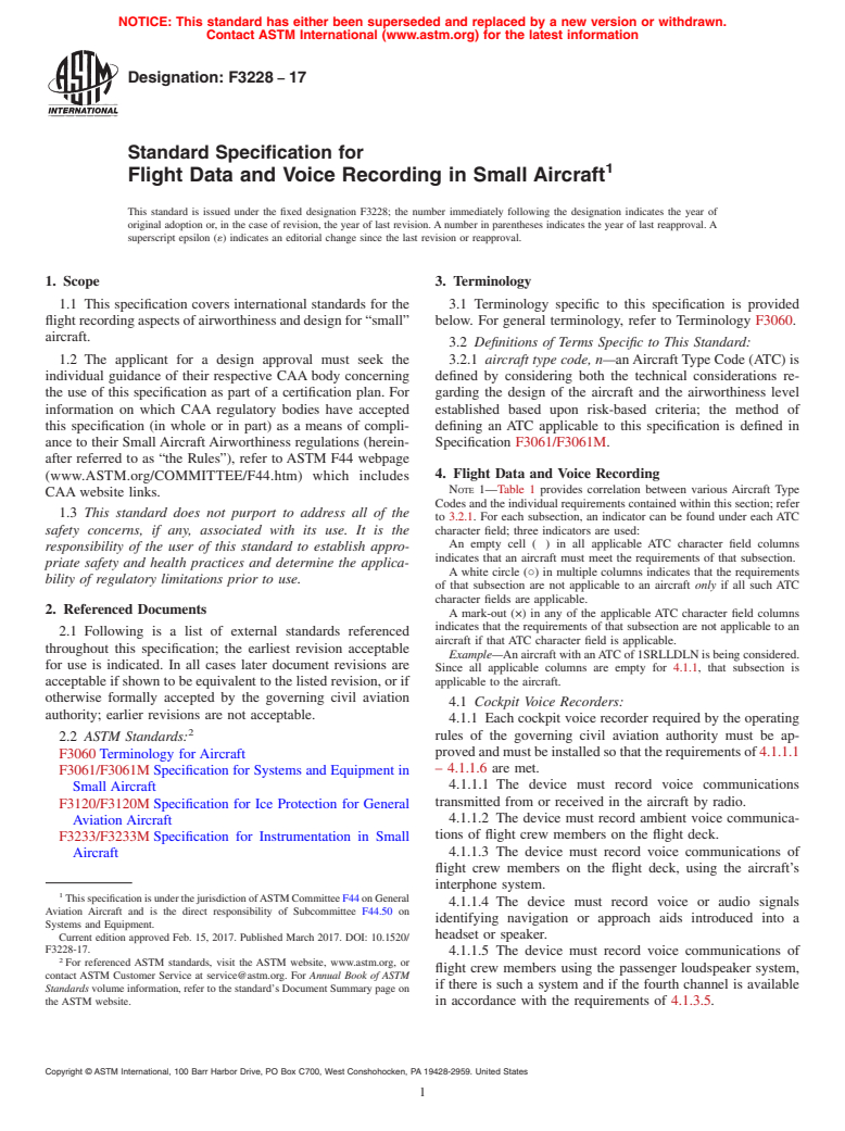 ASTM F3228-17 - Standard Specification for Flight Data and Voice Recording in Small Aircraft