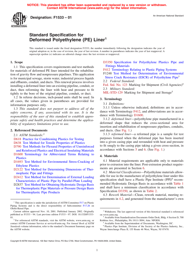 ASTM F1533-01 - Standard Specification for Deformed Polyethylene (PE) Liner