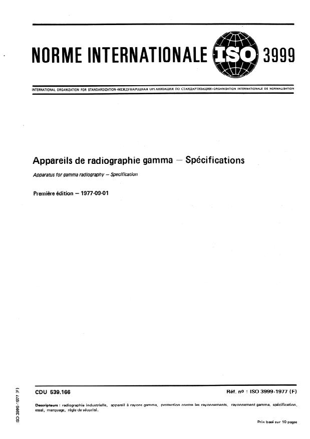 ISO 3999:1977 - Appareils de radiographie gamma -- Spécifications
