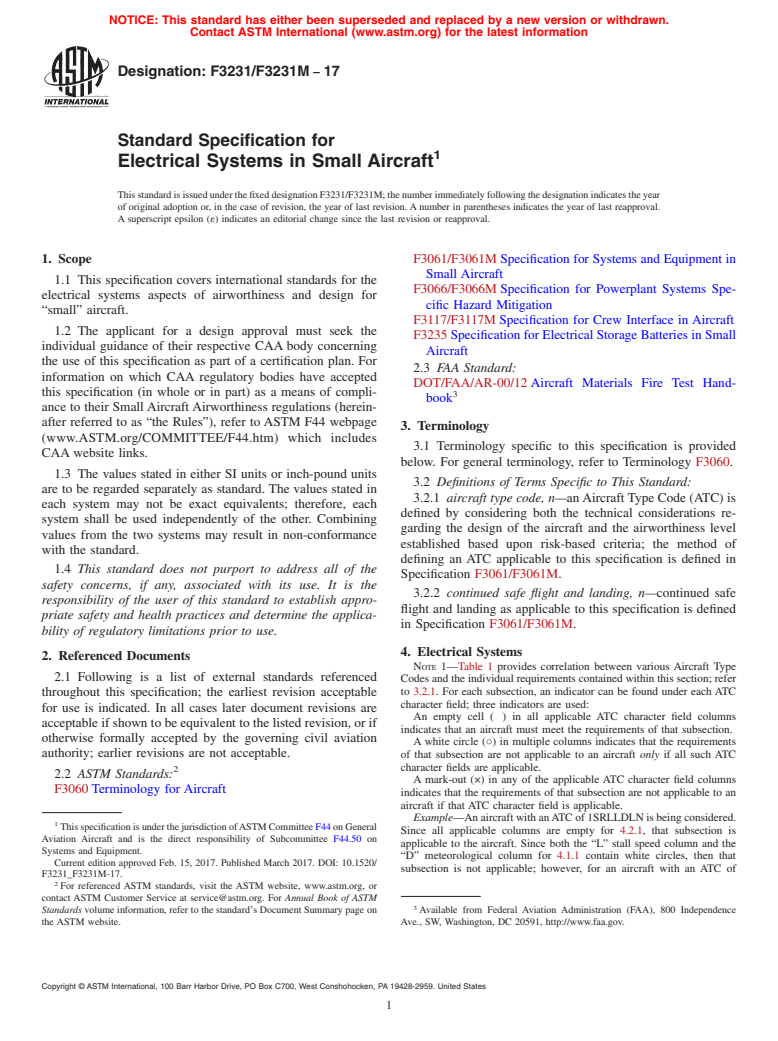 ASTM F3231/F3231M-17 - Standard Specification for Electrical Systems in Small Aircraft
