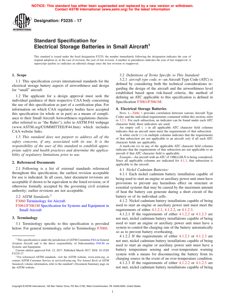 ASTM F3235-17 - Standard Specification for Electrical Storage Batteries in Small Aircraft