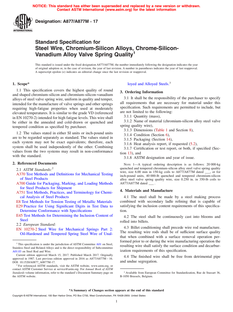 ASTM A877/A877M-17 - Standard Specification for  Steel Wire, Chromium-Silicon Alloys, Chrome-Silicon-Vanadium  Alloy Valve Spring Quality