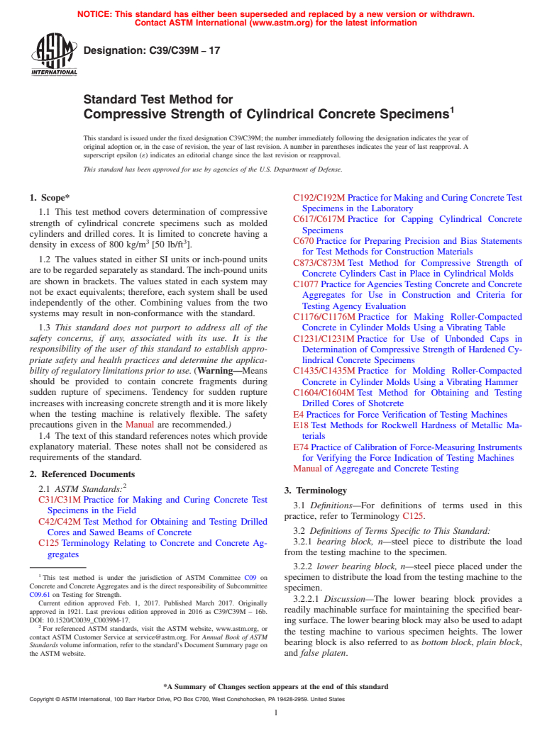 ASTM C39/C39M-17 - Standard Test Method for  Compressive Strength of Cylindrical Concrete Specimens