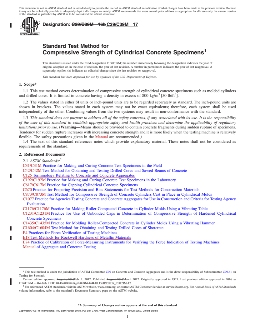 REDLINE ASTM C39/C39M-17 - Standard Test Method for  Compressive Strength of Cylindrical Concrete Specimens