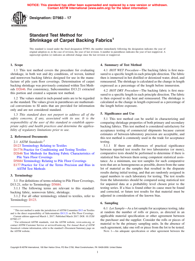 ASTM D7983-17 - Standard Test Method for Shrinkage of Carpet Backing Fabrics