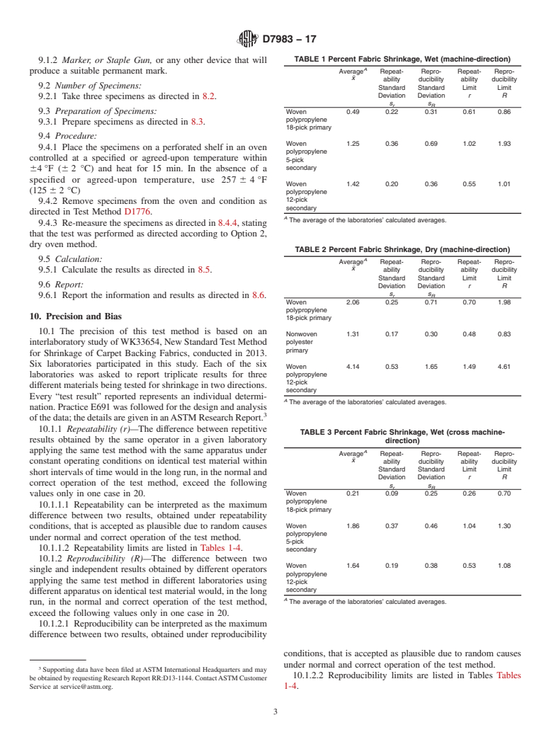 ASTM D7983-17 - Standard Test Method for Shrinkage of Carpet Backing Fabrics