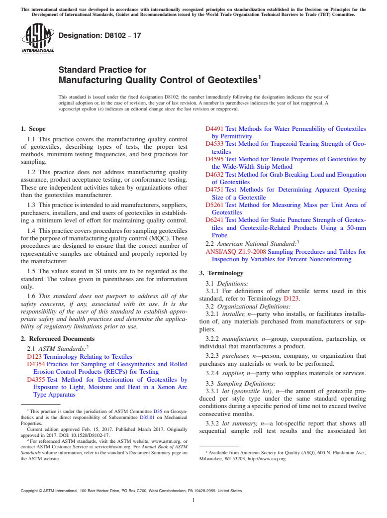 ASTM D8102-17 - Standard Practice for Manufacturing Quality Control of Geotextiles