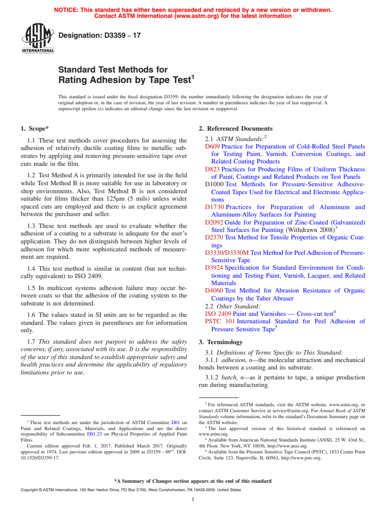 ASTM D3359-17 - Standard Test Methods for Rating Adhesion by Tape Test