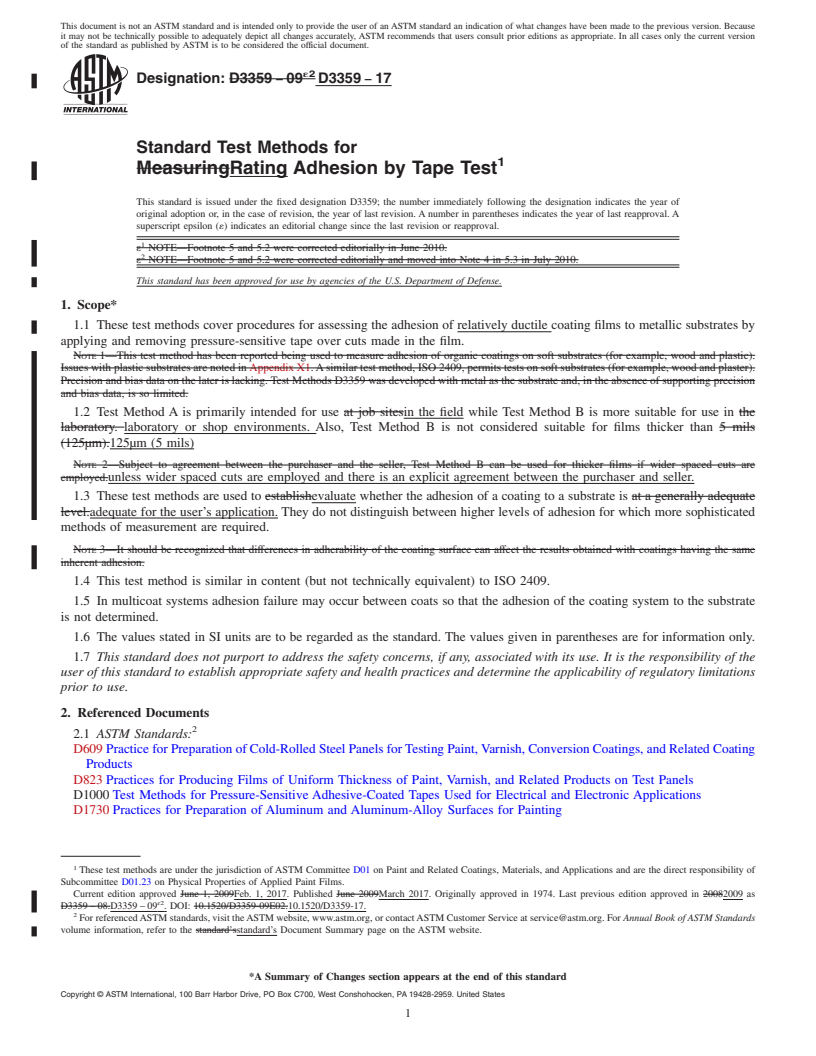 REDLINE ASTM D3359-17 - Standard Test Methods for Rating Adhesion by Tape Test