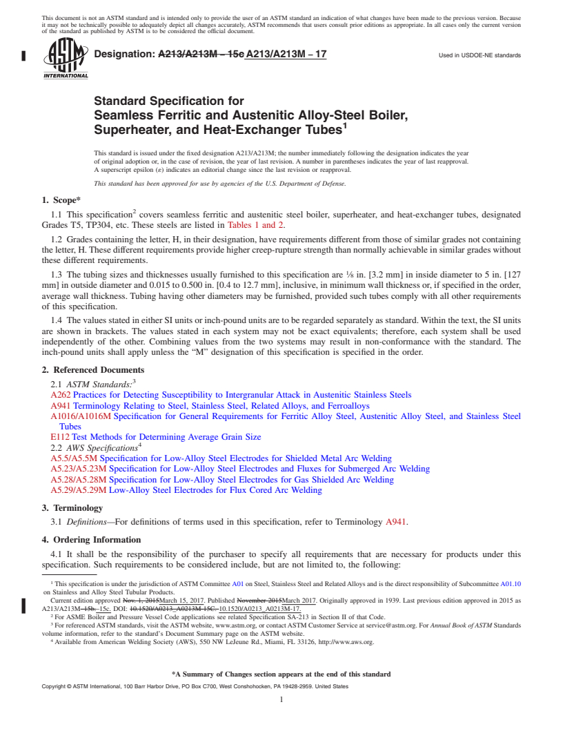 REDLINE ASTM A213/A213M-17 - Standard Specification for  Seamless Ferritic and Austenitic Alloy-Steel Boiler, Superheater,   and Heat-Exchanger Tubes