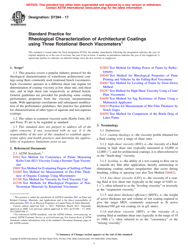 ASTM D7394-17 - Standard Practice for Rheological Characterization of Architectural Coatings using  Three   Rotational Bench Viscometers