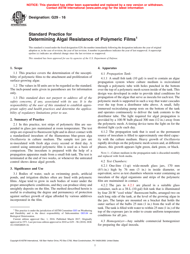 ASTM G29-16 - Standard Practice for  Determining Algal Resistance of Polymeric Films