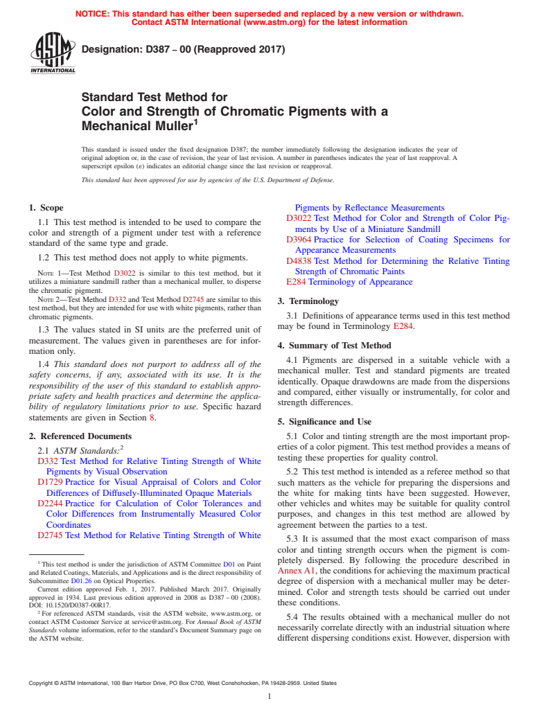 ASTM D387-00(2017) - Standard Test Method for Color and Strength of Chromatic Pigments with a Mechanical   Muller (Withdrawn 2023)