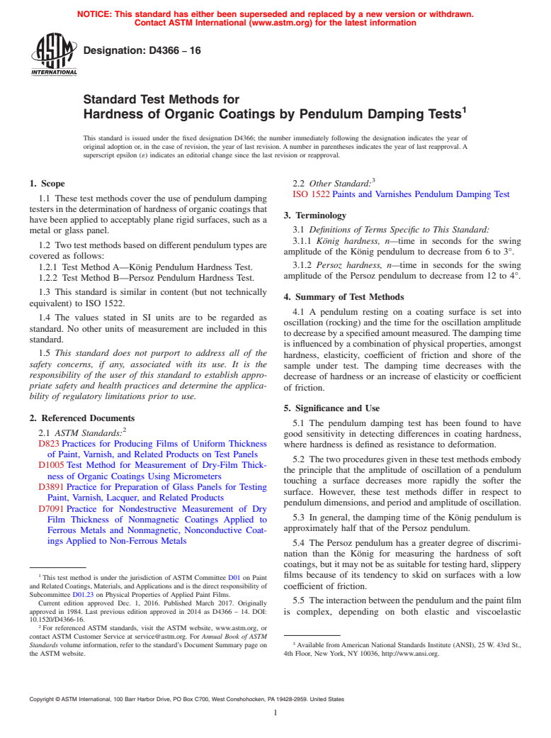 ASTM D4366-16 - Standard Test Methods for Hardness of Organic Coatings by Pendulum Damping Tests