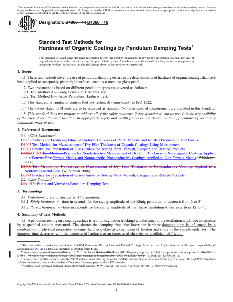 REDLINE ASTM D4366-16 - Standard Test Methods for Hardness of Organic Coatings by Pendulum Damping Tests