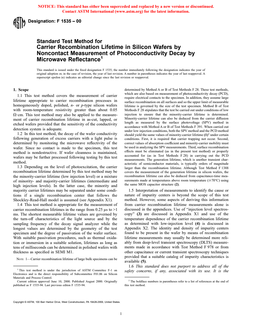 ASTM F1535-00 - Standard Test Method for Carrier Recombination Lifetime in Silicon Wafers by Noncontact Measurement of Photoconductivity Decay by Microwave Reflectance (Withdrawn 2003)