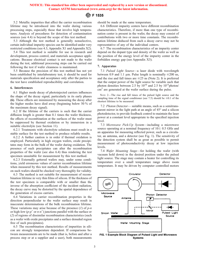 ASTM F1535-00 - Standard Test Method for Carrier Recombination Lifetime in Silicon Wafers by Noncontact Measurement of Photoconductivity Decay by Microwave Reflectance (Withdrawn 2003)