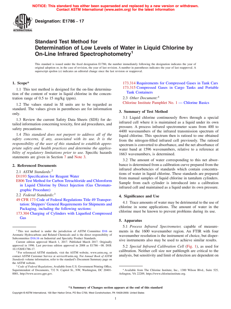 ASTM E1786-17 - Standard Test Method for Determination of Low Levels of Water in Liquid Chlorine by  On-Line Infrared Spectrophotometry