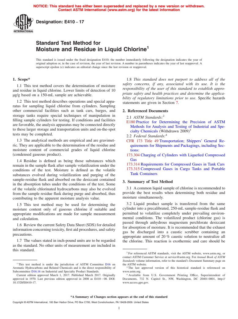 ASTM E410-17 - Standard Test Method for Moisture and Residue in Liquid Chlorine