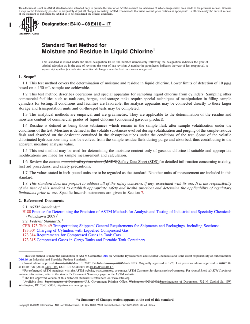 REDLINE ASTM E410-17 - Standard Test Method for Moisture and Residue in Liquid Chlorine