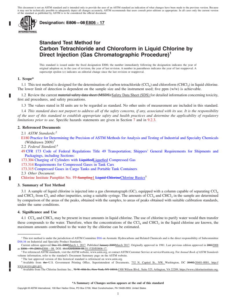 REDLINE ASTM E806-17 - Standard Test Method for Carbon Tetrachloride and Chloroform in Liquid Chlorine by Direct  Injection (Gas Chromatographic Procedure)