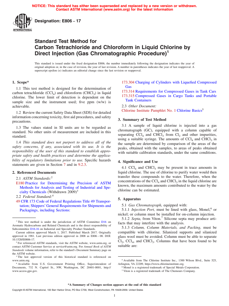 ASTM E806-17 - Standard Test Method for Carbon Tetrachloride and Chloroform in Liquid Chlorine by Direct  Injection (Gas Chromatographic Procedure)