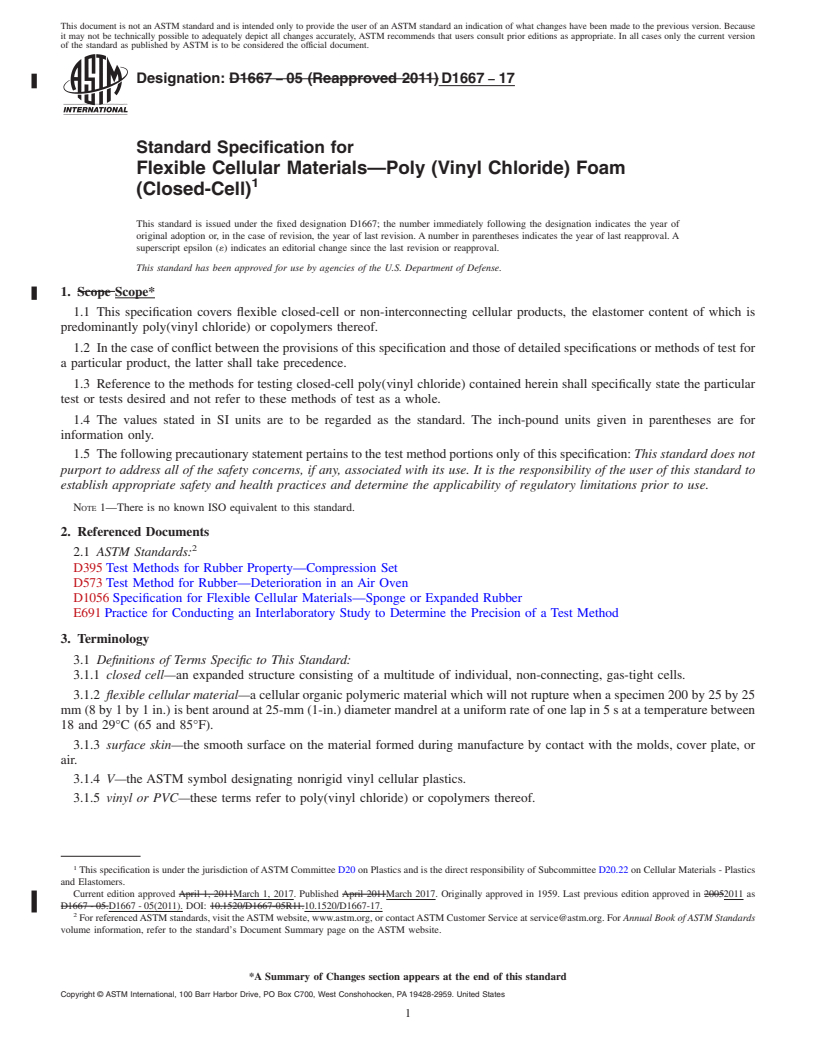 REDLINE ASTM D1667-17 - Standard Specification for  Flexible Cellular Materials&#x2014;Poly (Vinyl Chloride) Foam  (Closed-Cell)