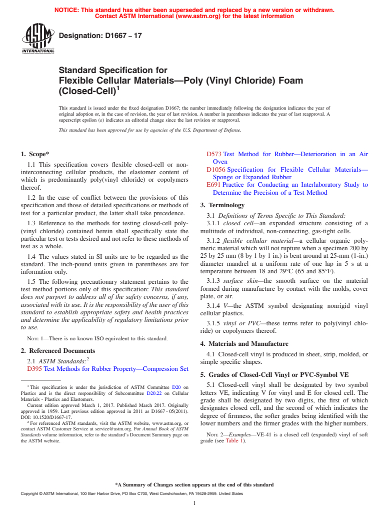 ASTM D1667-17 - Standard Specification for  Flexible Cellular Materials&#x2014;Poly (Vinyl Chloride) Foam  (Closed-Cell)