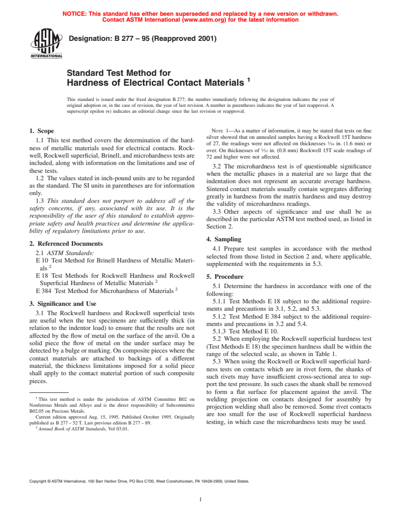 ASTM B277-95(2001) - Standard Test Method for Hardness of Electrical Contact Materials