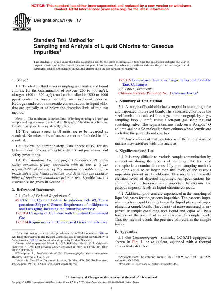 ASTM E1746-17 - Standard Test Method for Sampling and Analysis of Liquid Chlorine for Gaseous Impurities