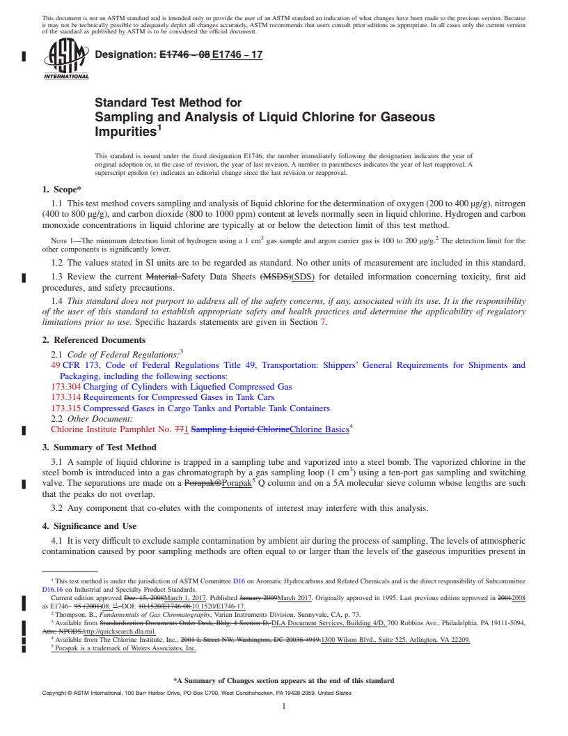 REDLINE ASTM E1746-17 - Standard Test Method for Sampling and Analysis of Liquid Chlorine for Gaseous Impurities