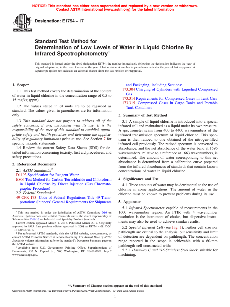 ASTM E1754-17 - Standard Test Method for Determination of Low Levels of Water in Liquid Chlorine By  Infrared Spectrophotometry