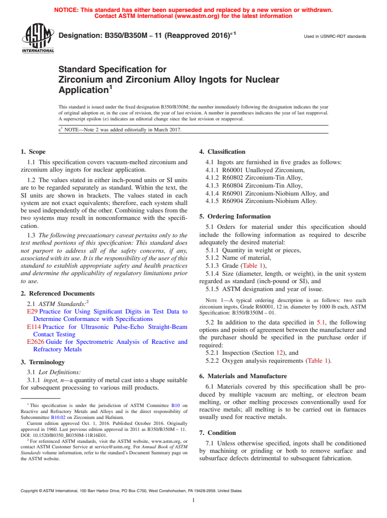 ASTM B350/B350M-11(2016)e1 - Standard Specification for Zirconium and Zirconium Alloy Ingots for Nuclear Application