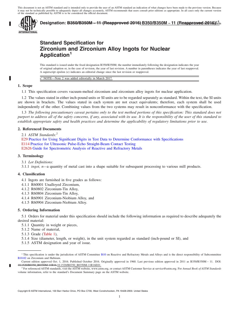 REDLINE ASTM B350/B350M-11(2016)e1 - Standard Specification for Zirconium and Zirconium Alloy Ingots for Nuclear Application