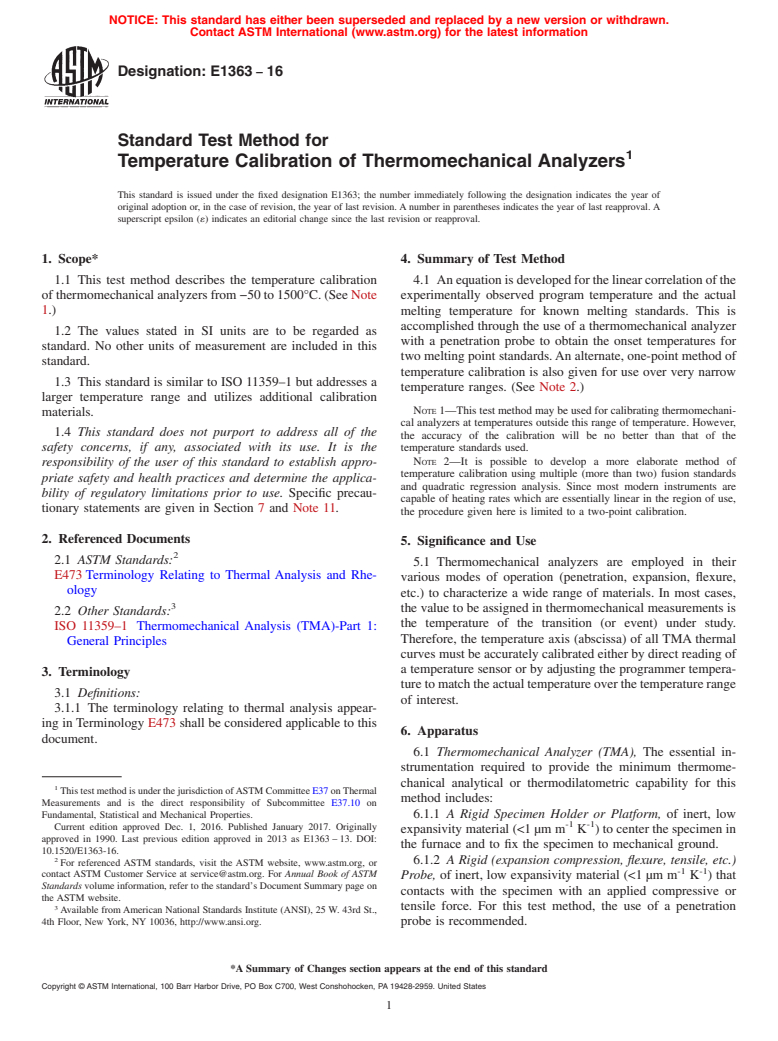 ASTM E1363-16 - Standard Test Method for  Temperature Calibration of Thermomechanical Analyzers