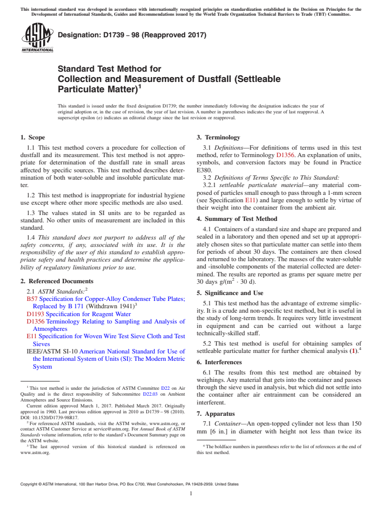 ASTM D1739-98(2017) - Standard Test Method for  Collection and Measurement of Dustfall (Settleable Particulate  Matter)