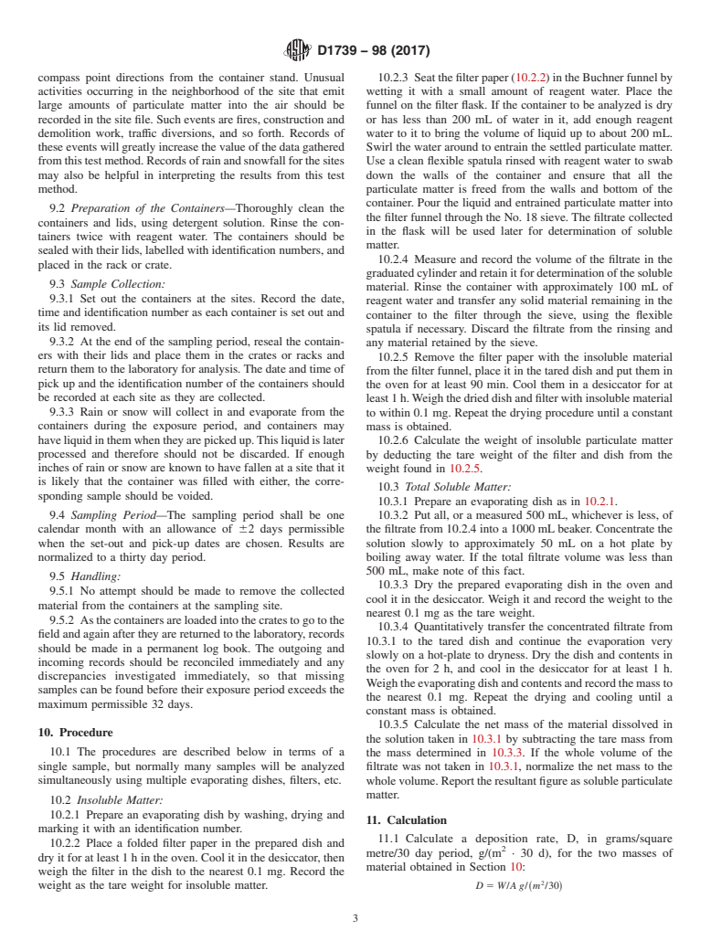 ASTM D1739-98(2017) - Standard Test Method for  Collection and Measurement of Dustfall (Settleable Particulate  Matter)