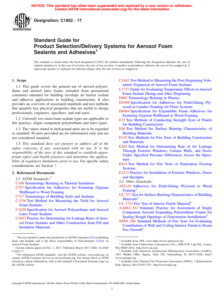 ASTM C1852-17 - Standard Guide for Product Selection/Delivery Systems for Aerosol Foam Sealants  and Adhesives