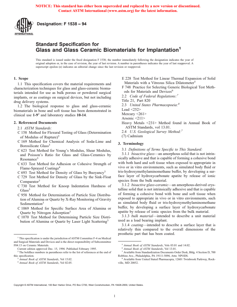 ASTM F1538-94 - Standard Specification for Glass and Glass Ceramic Biomaterials for Implantation