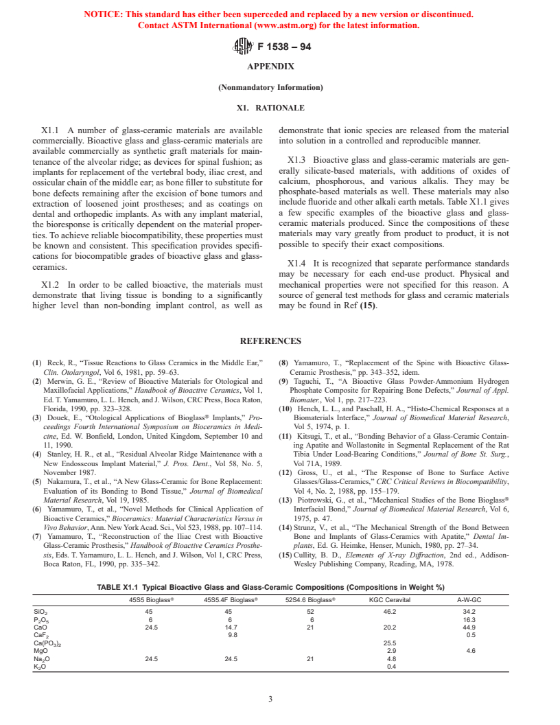 ASTM F1538-94 - Standard Specification for Glass and Glass Ceramic Biomaterials for Implantation