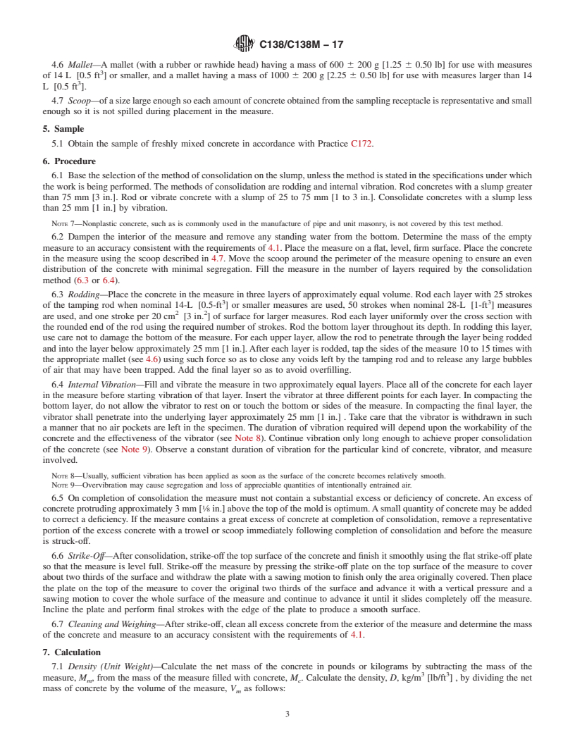 REDLINE ASTM C138/C138M-17 - Standard Test Method for  Density (Unit Weight), Yield, and Air Content (Gravimetric)  of Concrete