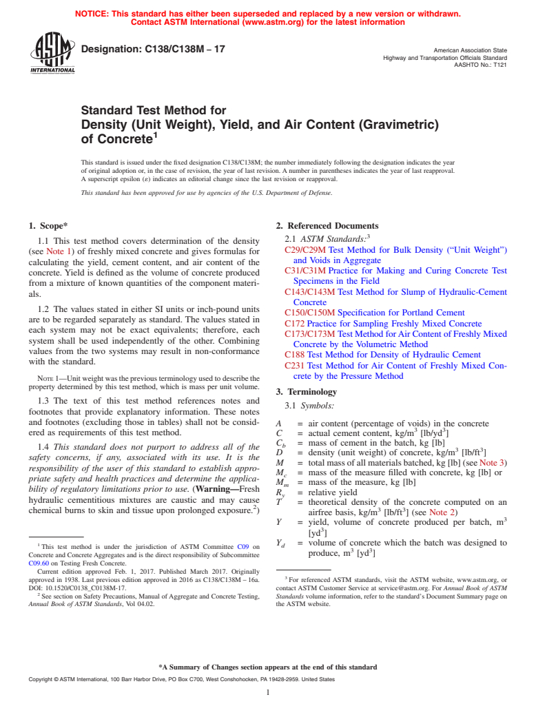 ASTM C138/C138M-17 - Standard Test Method for  Density (Unit Weight), Yield, and Air Content (Gravimetric)  of Concrete