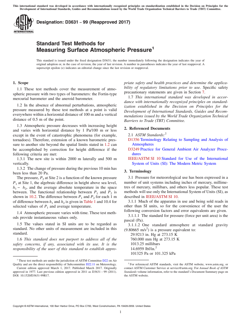 ASTM D3631-99(2017) - Standard Test Methods for  Measuring Surface Atmospheric Pressure