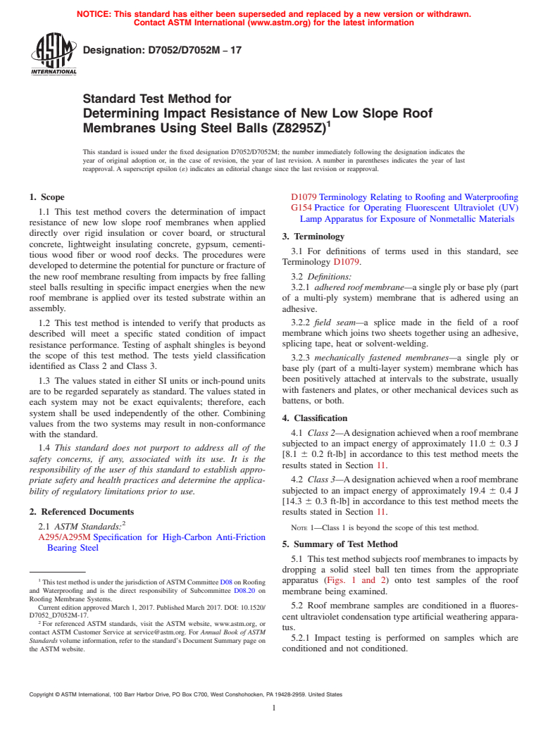 ASTM D7052/D7052M-17 - Standard Test Method for Determining Impact Resistance of New Low Slope Roof Membranes  Using Steel Balls (Z8295Z)