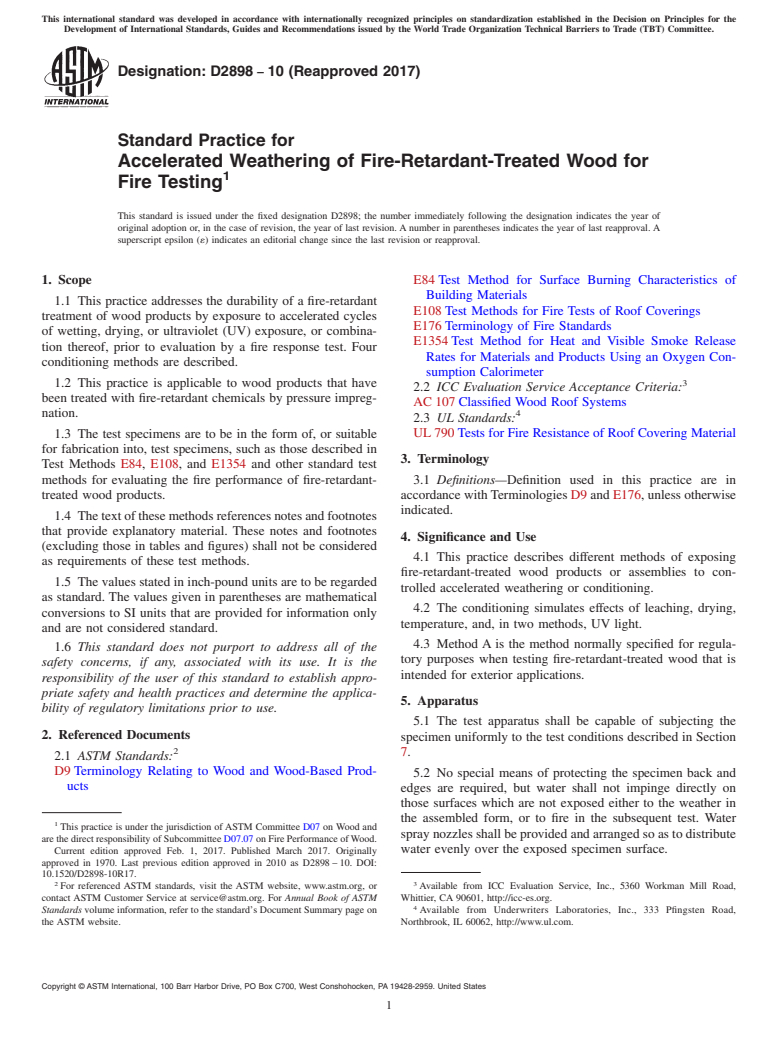 ASTM D2898-10(2017) - Standard Practice for  Accelerated Weathering of Fire-Retardant-Treated Wood for Fire   Testing