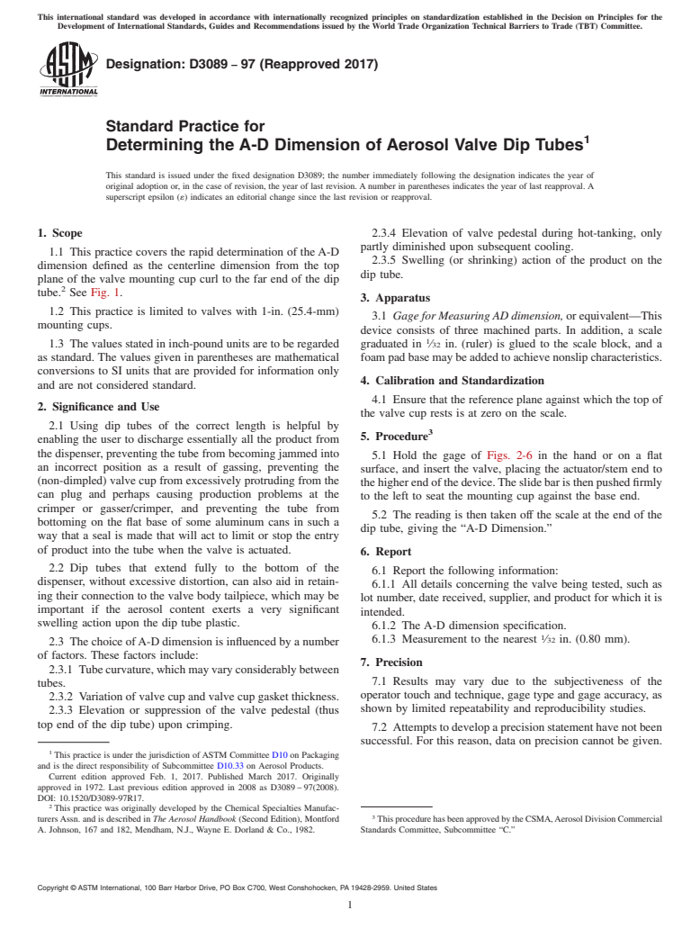 ASTM D3089-97(2017) - Standard Practice for Determining the A-D Dimension of Aerosol Valve Dip Tubes