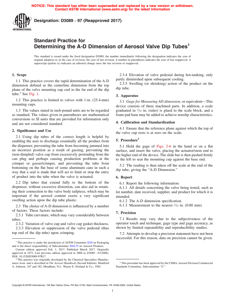 ASTM D3089-97(2017) - Standard Practice for Determining the A-D Dimension of Aerosol Valve Dip Tubes (Withdrawn 2023)