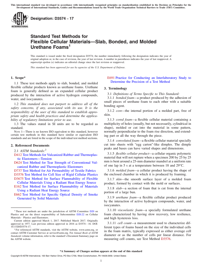 ASTM D3574-17 - Standard Test Methods for  Flexible Cellular Materials&#x2014;Slab, Bonded, and Molded  Urethane Foams