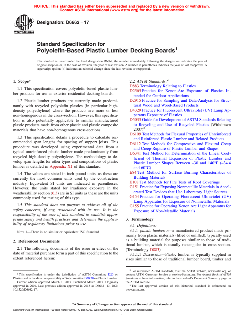 ASTM D6662-17 - Standard Specification for  Polyolefin-Based Plastic Lumber Decking Boards